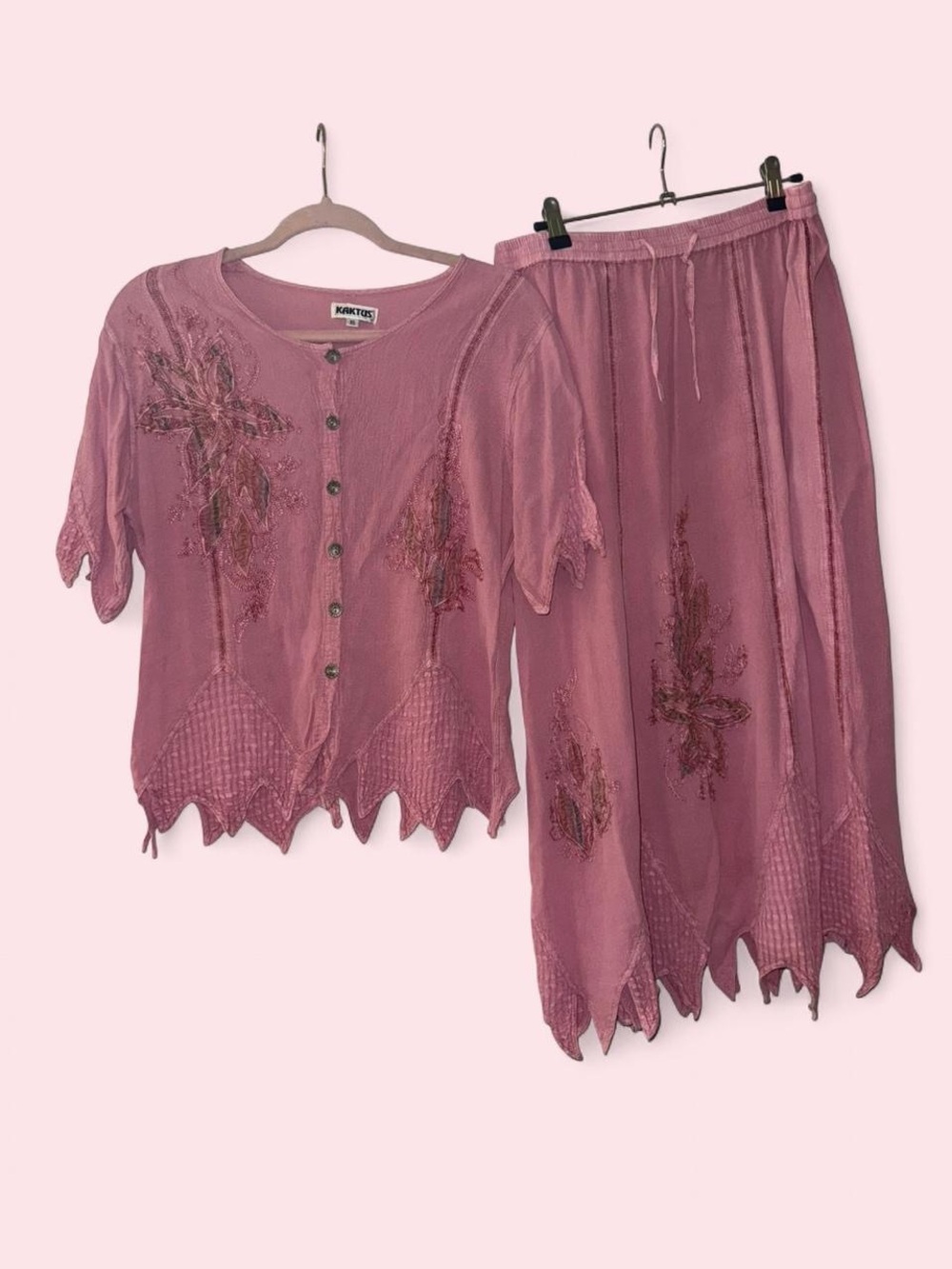 Y2K Pink Floral Embroidered  Dusty Rose Two-Piece Midi Skirt + Top Set